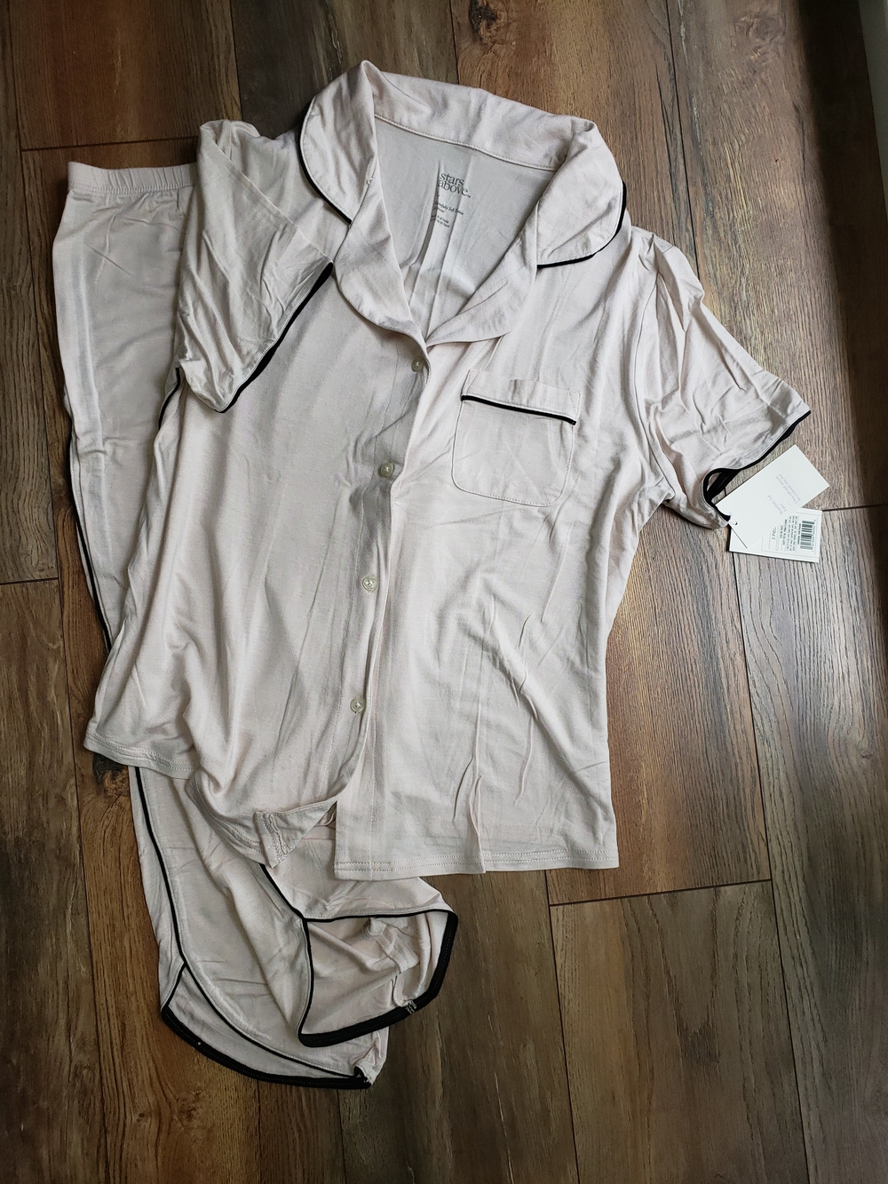 Soft Pink Short-Sleeve Pajama Set with Black Piping